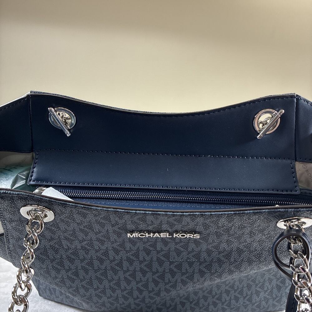 NWT Michael Kors Jet Set Travel Large Chain Shoulder Tote Bag Navy Multi Charity - Picture 8 of 16